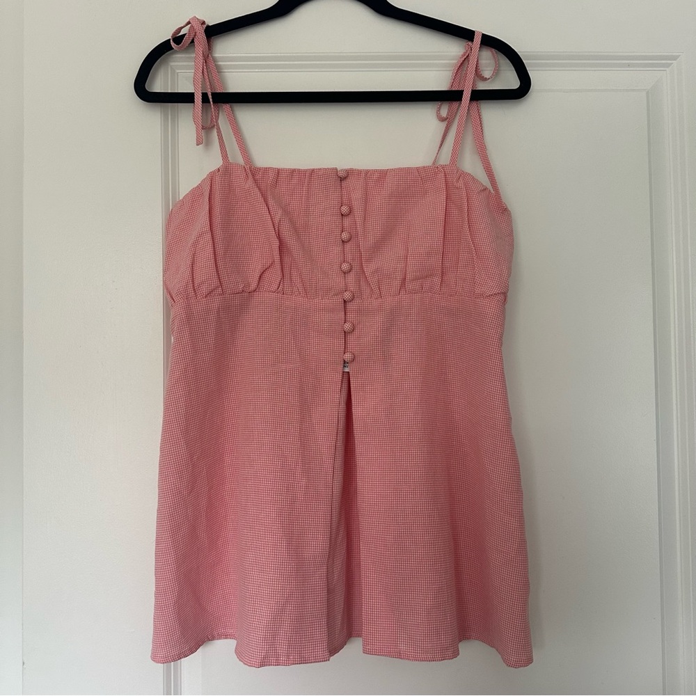 NWT! Molly Green (L) Gingham Red 'Laura' Button Bust Top Linen Look Tie Straps